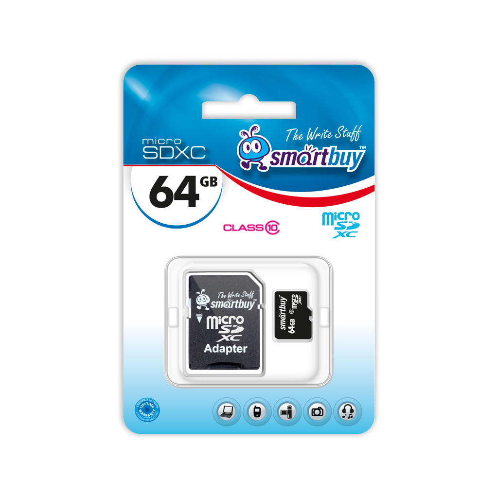 картинка Карта памяти MicroSDHC 64Gb SmartBuy C10 (с адаптером) MicroSDНС 64Gb/10 купить в магазине CAROBASS