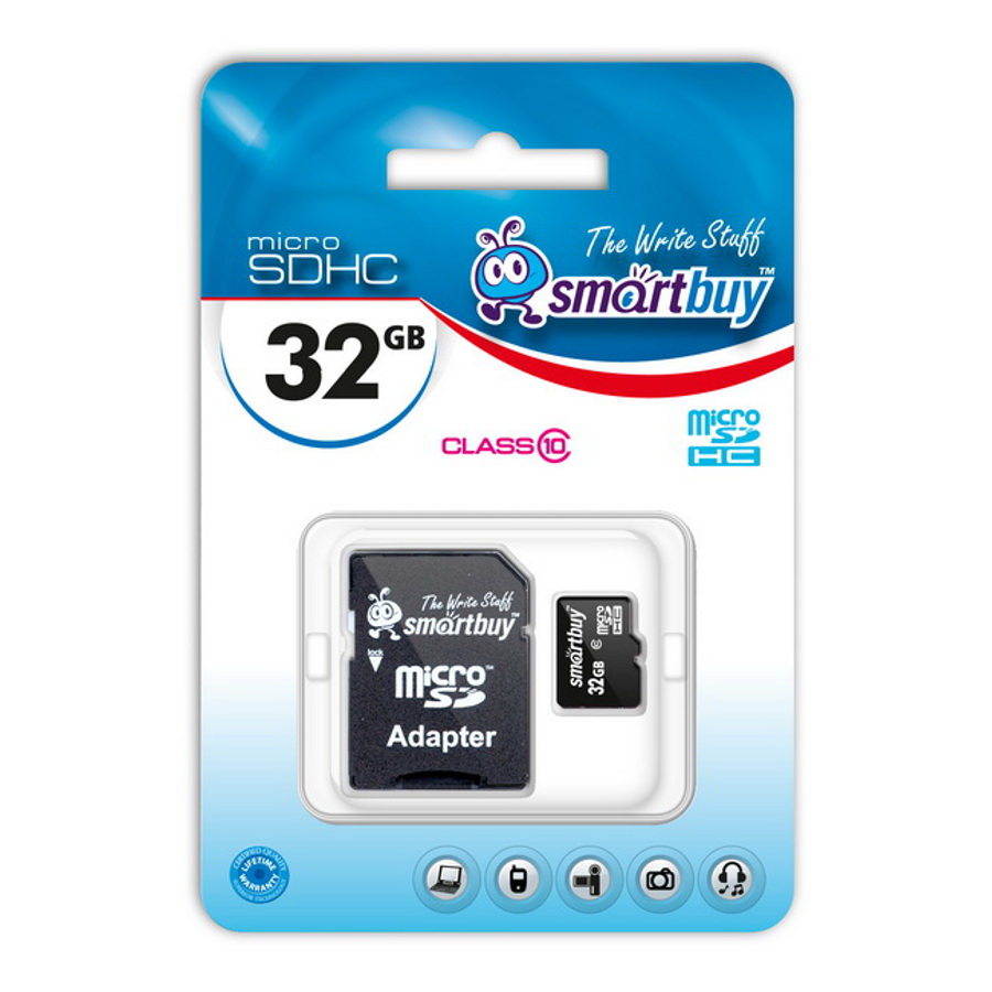 картинка Карта памяти MicroSDHC 32Gb SmartBuy C10 (с адаптером) SB32GBSDCL10-01 купить в магазине CAROBASS