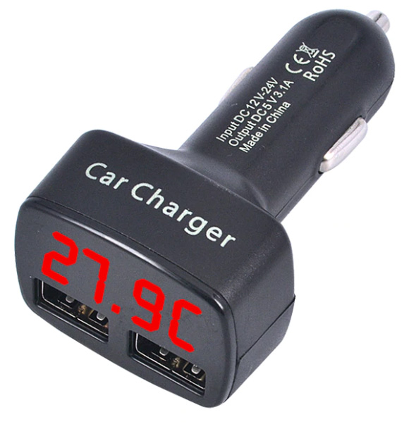 картинка Автомобильное ЗУ 2 USB с красной индикацией (напряжение АКБ, потребляемый ток, температура) RC-03r купить в магазине CAROBASS