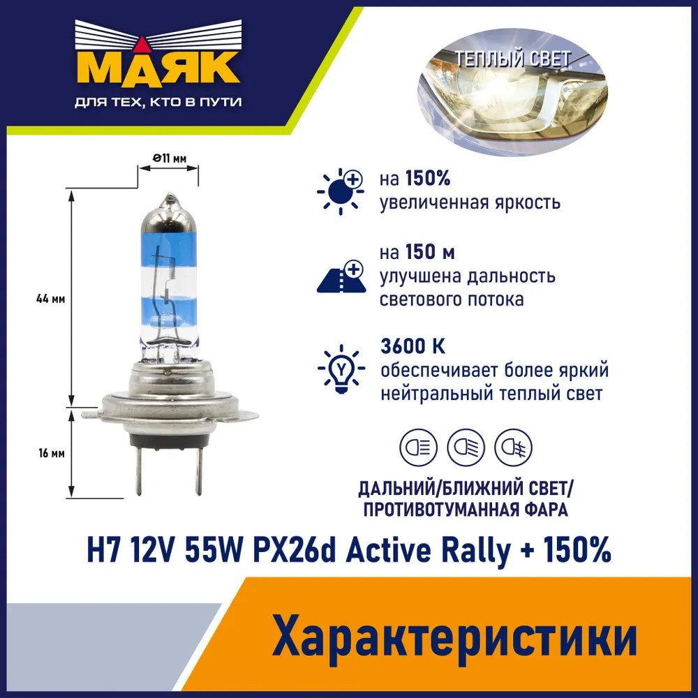 картинка Лампа H7 МАЯК ACTIVE Rally +150% 72720AR+150 купить в магазине CAROBASS