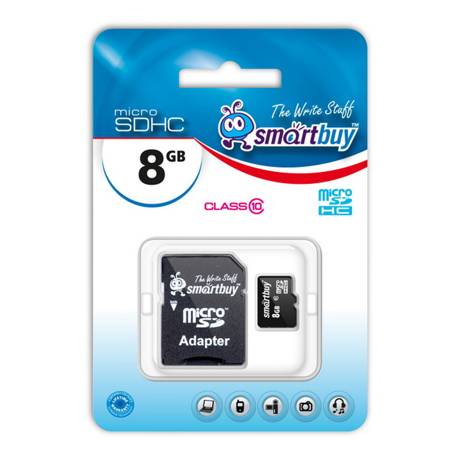 картинка Карта памяти MicroSDHC 8Gb SmartBuy Class 10 (с адаптером) SB8GBSDCL10-01 купить в магазине CAROBASS