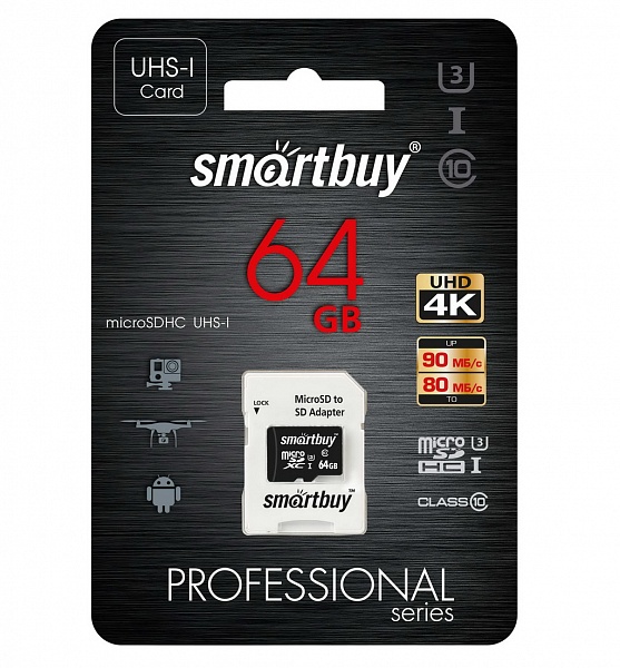картинка Карта памяти MicroSDHC 64Gb SmartBuy class 10 PRO UHS-I (U3) с адаптером SB64GBSDCL10U3-01 купить в магазине CAROBASS