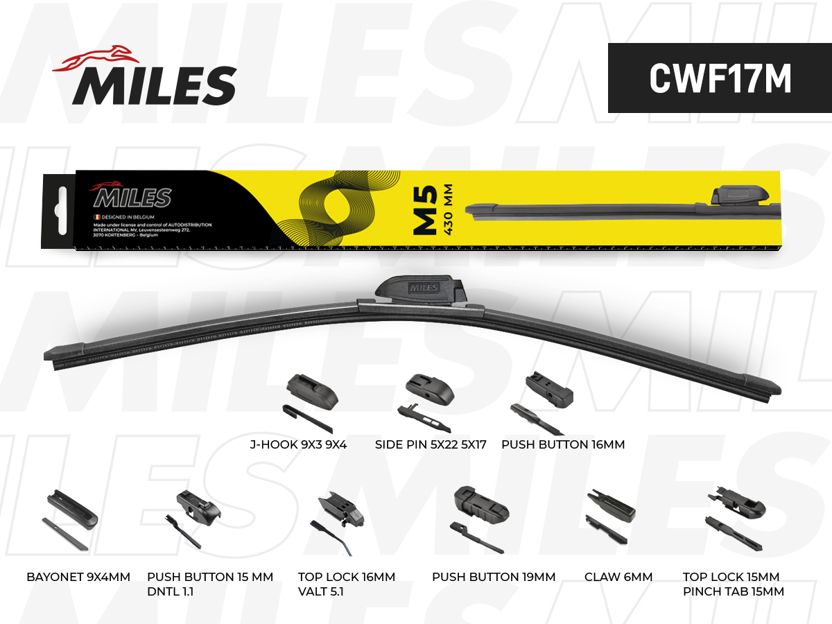 картинка Щетка стеклоочистителя бескаркасная MILES CWF17M 17"/43 см купить в магазине CAROBASS