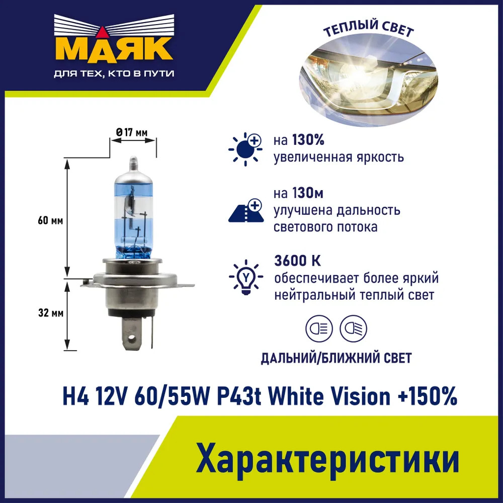 картинка Лампа H4 МАЯК ULTRA White Vision +150% 82420WV+150 купить в магазине CAROBASS