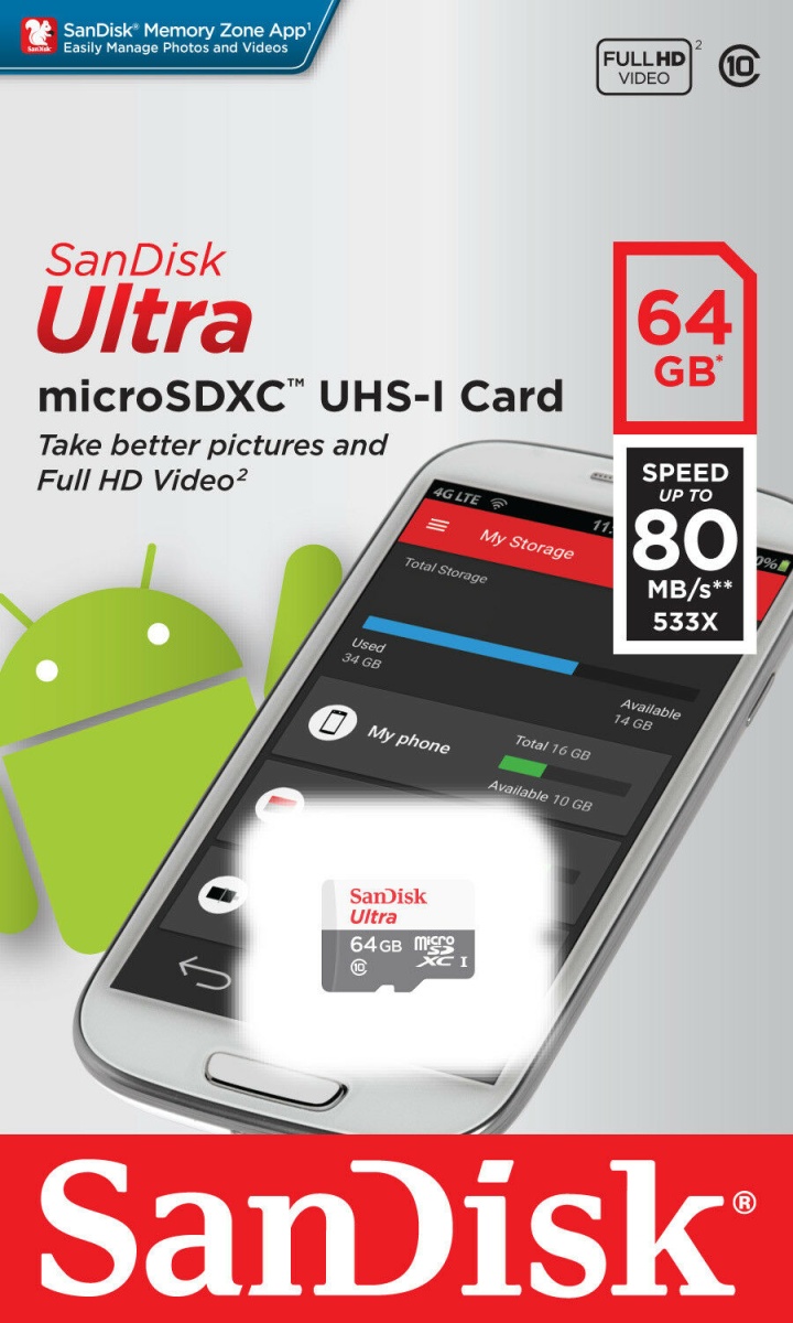 картинка Карта памяти MicroSDHC 64Gb SanDisk C10 SDSQUNS-064G-GN3MN купить в магазине CAROBASS