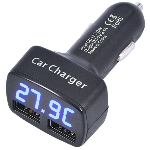 картинка Автомобильное ЗУ 2 USB с синей индикацией (напряжение АКБ, потребляемый ток, температура) RC-03b купить в магазине CAROBASS
