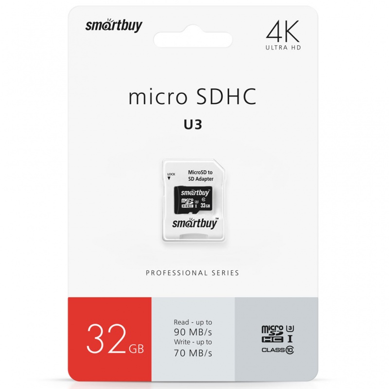 картинка Карта памяти MicroSDHC 32Gb SmartBuy Professional class10 PRO (U3) купить в магазине CAROBASS